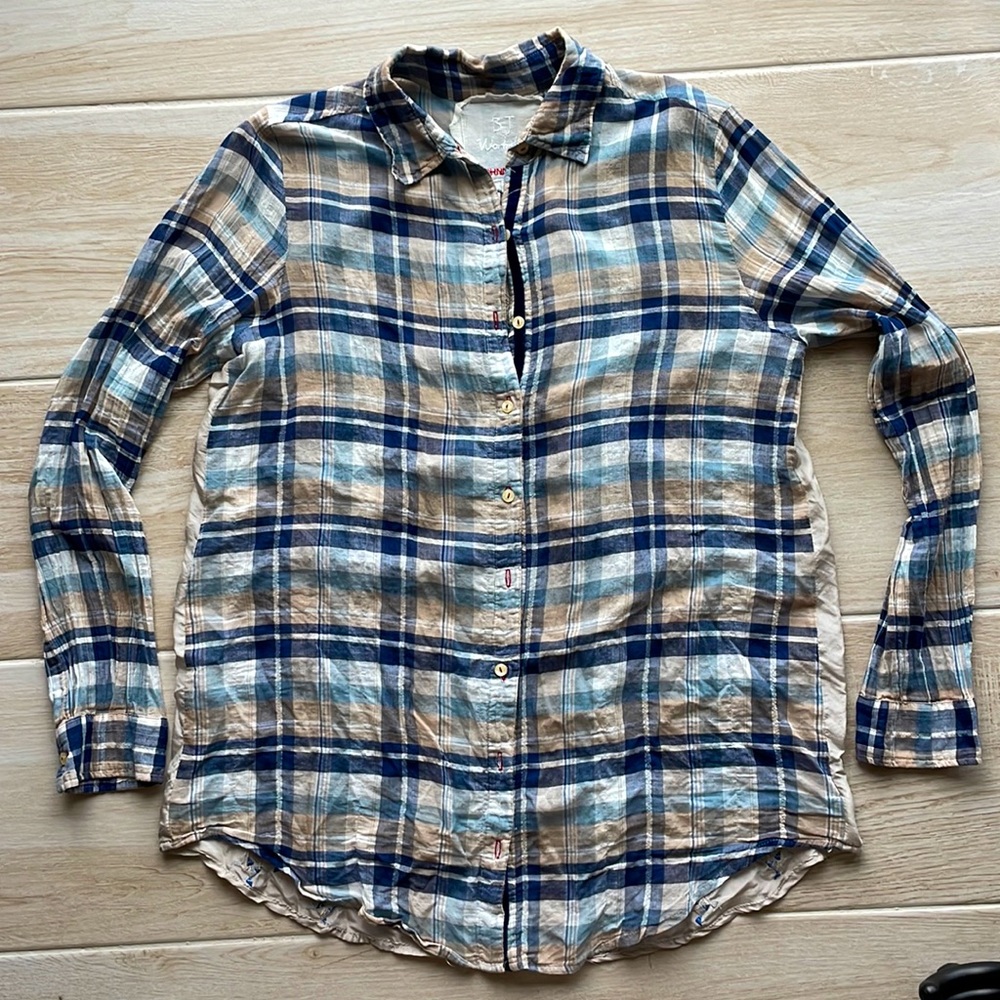 Johnny Was long sleeve button down plaid blouse with embroidery on backside.